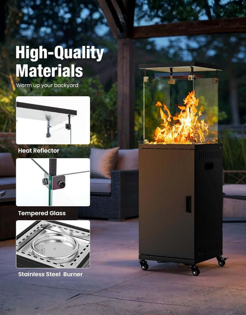 Black Stainless Steel Standing Propane Patio Heater with Wheels for Winter Gardens