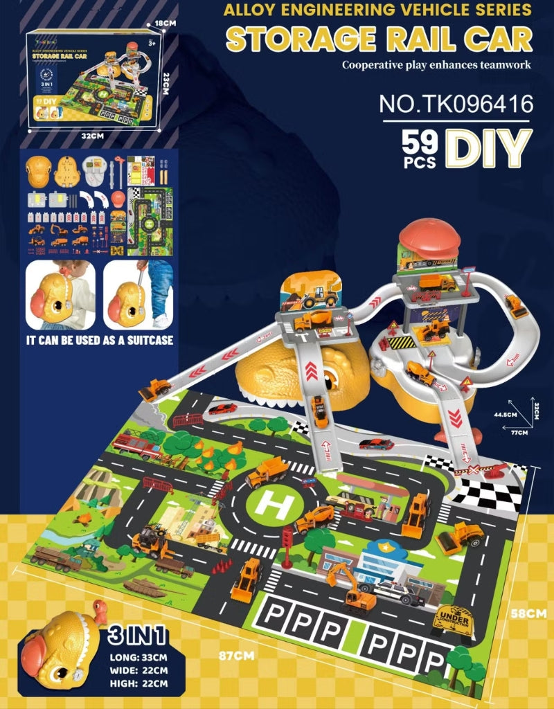 Kids 59 PCS 3 In 1 Dinosaur Storage Suitcase Garage Parking