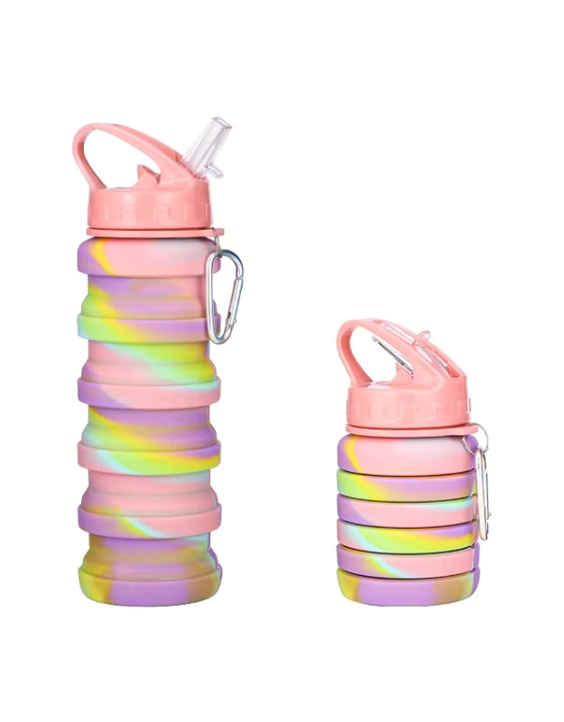 Pastel rainbow Genie water bottle displayed both fully extended and fully collapsed with a pink lid and attached carabiner.