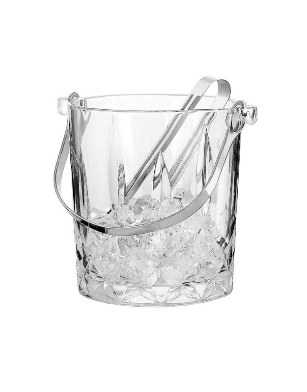 Full 7-piece glassware set featuring six whiskey glasses and one crystal ice pail with ice and metal tongs