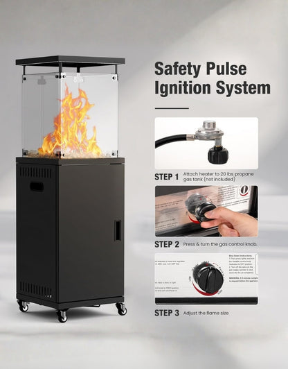 Black Stainless Steel Standing Propane Patio Heater with Wheels for Winter Gardens