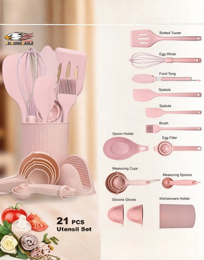 21 Pieces Silicone Kitchenware Utensil Set Pink Black & Grey
