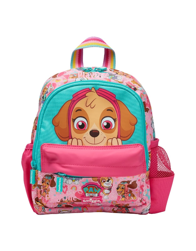 Front view of Smiggle Paw Patrol Skye Teeny Tiny Backpack with pink and turquoise design.