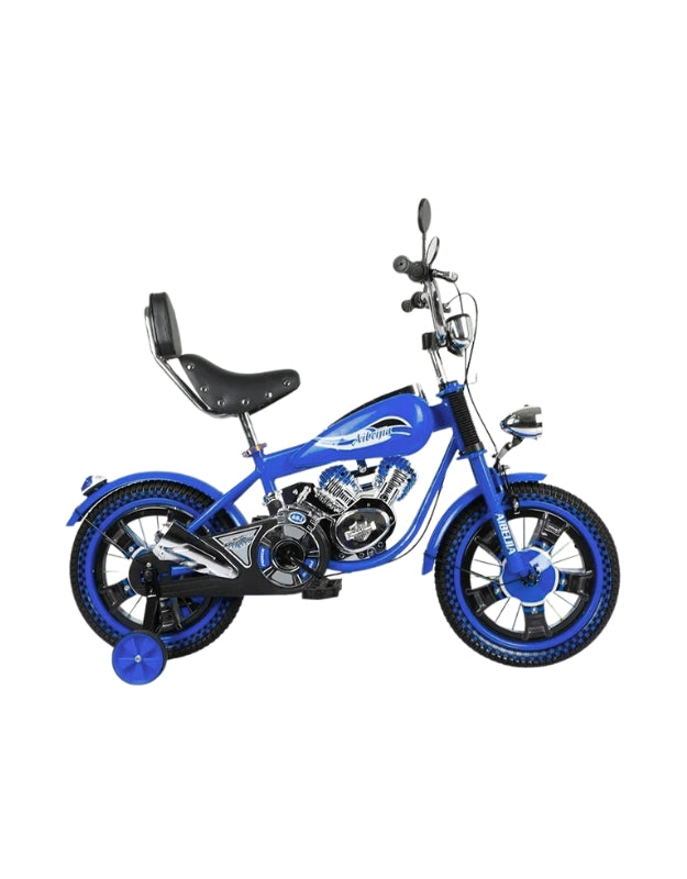 Blue R16 16-inch one wheel motorcycle chopper pedal bicycle for children with training wheels and high-back seat.