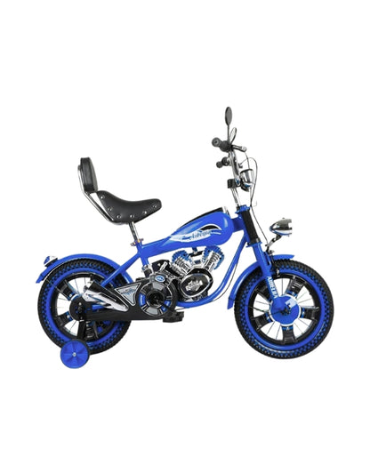 Blue R16 16-inch one wheel motorcycle chopper pedal bicycle for children with training wheels and high-back seat.