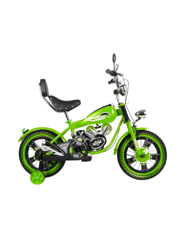 Green R16 16-inch one wheel motorcycle chopper pedal bicycle for kids with stabilisers and backrest seat