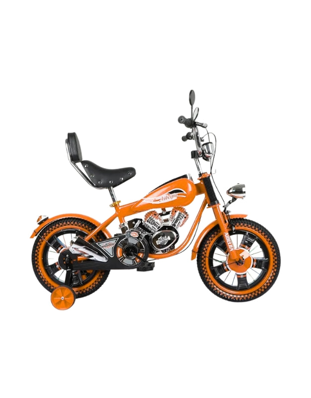 Orange R16 16-inch one wheel motorcycle chopper style pedal bicycle for kids with stabilisers and chopper design