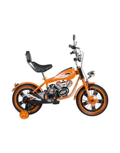 Orange R16 16-inch one wheel motorcycle chopper style pedal bicycle for kids with stabilisers and chopper design