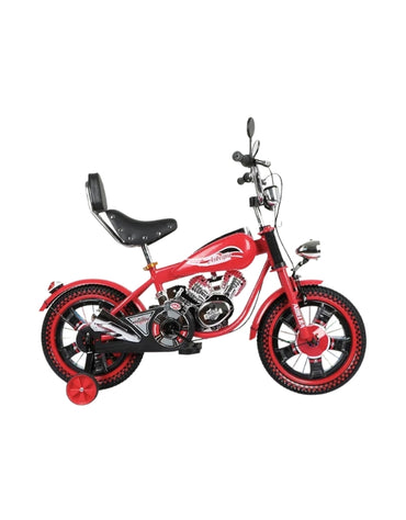 Red R16 16-inch one wheel motorcycle chopper pedal bicycle for kids featuring stabilisers and stylish backrest.