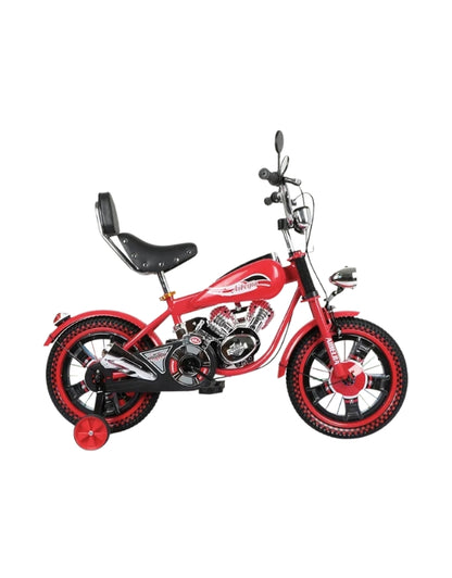 Red R16 16-inch one wheel motorcycle chopper pedal bicycle for kids featuring stabilisers and stylish backrest.