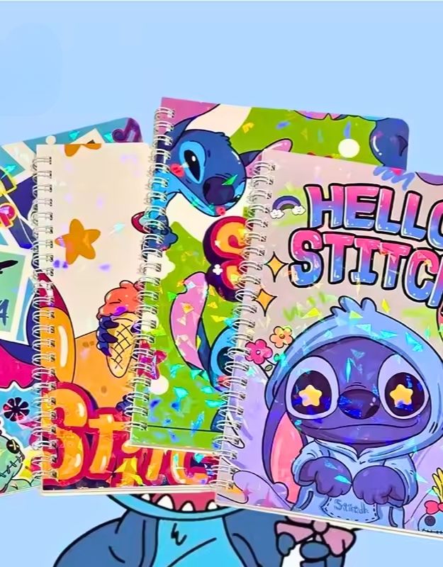 Colorful notebooks with 'Hello Stitch' design on a blue background