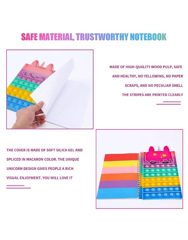 Details of unicorn popit notebook with colorful cover, soft silicone, and lined pages for writing and notes.