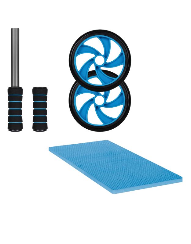 Disassembled ab wheel roller set showing two wheels, foam handles, metal rod, and blue knee pad