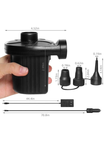 AC electric air pump with three different nozzle attachments for inflation and deflation.

