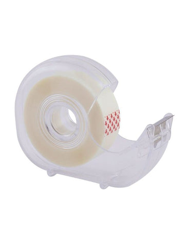 Clear plastic adhesive tape dispenser showing a full roll of tape inside