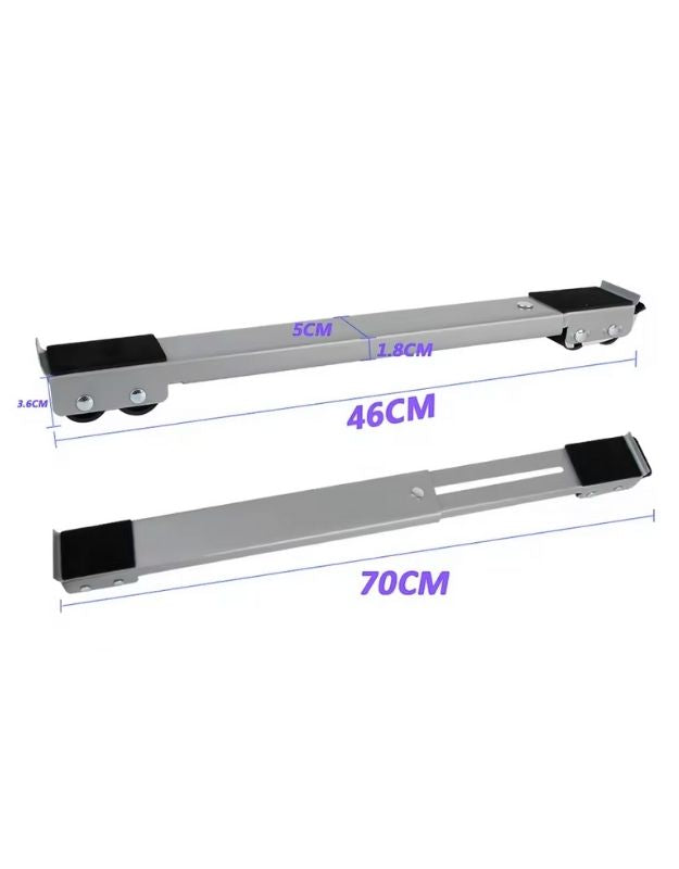 Two metal brackets with dimensions labeled on a white background. Adjustable appliance trolley with dimensions from 46cm to 70cm, suitable for heavy furniture and appliances.