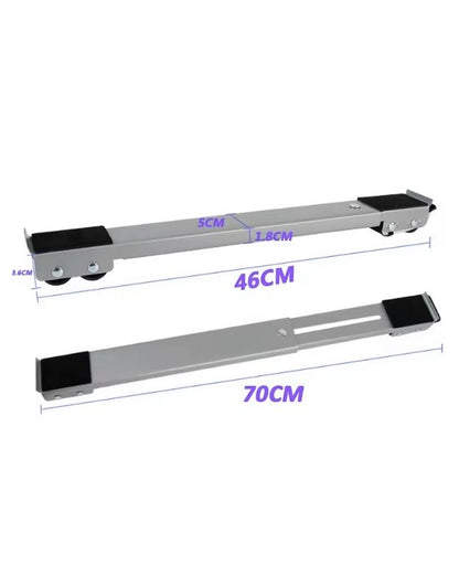 Two metal brackets with dimensions labeled on a white background. Adjustable appliance trolley with dimensions from 46cm to 70cm, suitable for heavy furniture and appliances.
