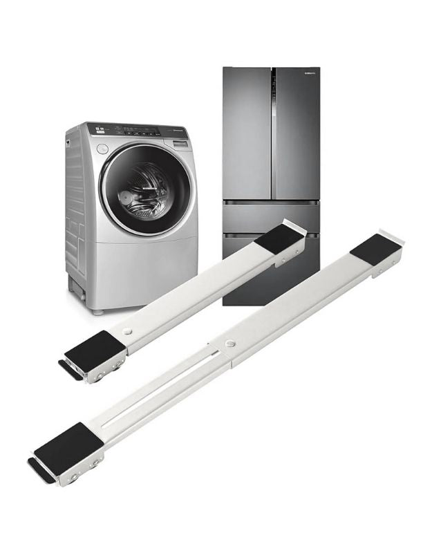 A multifunctional non-slip mobile base with 24 wheels, depicted alongside a washing machine and a refrigerator to indicate usage.