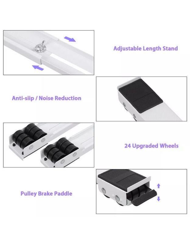 Collage of features including adjustable length stand, anti-slip/noise reduction, upgraded wheels, and pulley brake paddle on a white background.
