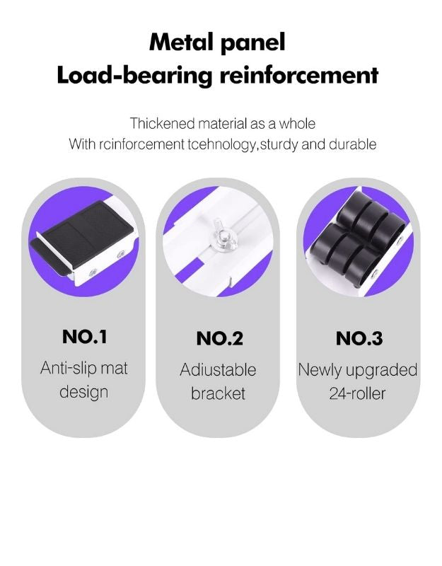 Metal panel load-bearing reinforcement with anti-slip mat, adjustable bracket, and 24-roller features. Metal panel appliance trolley with anti-slip mat, adjustable bracket, and upgraded 24-roller wheels.