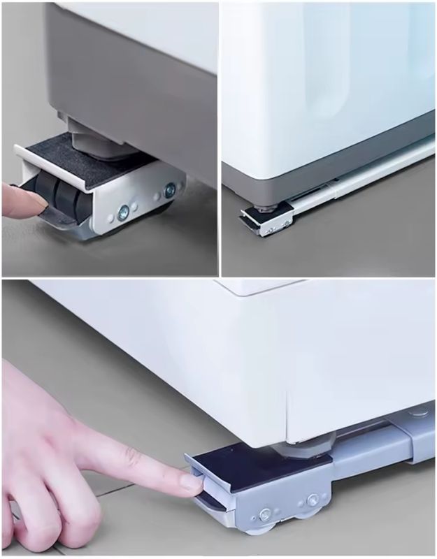 Drawer slide with a hand demonstrating its use on a gray surface. Appliance trolley with wheels and brake system, shown under washing machine for easy movement.