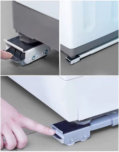 Drawer slide with a hand demonstrating its use on a gray surface. Appliance trolley with wheels and brake system, shown under washing machine for easy movement.