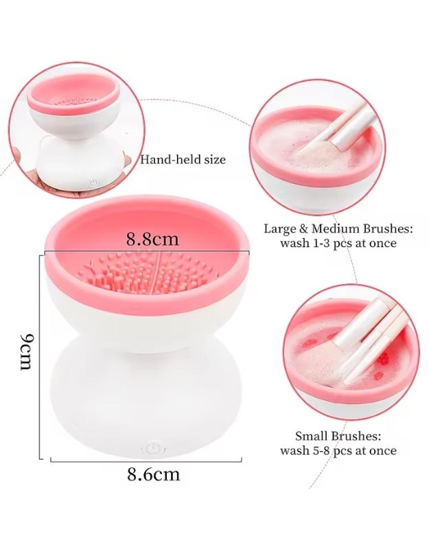 Portable electronic brush washer with silicone textures for fast cleaning.