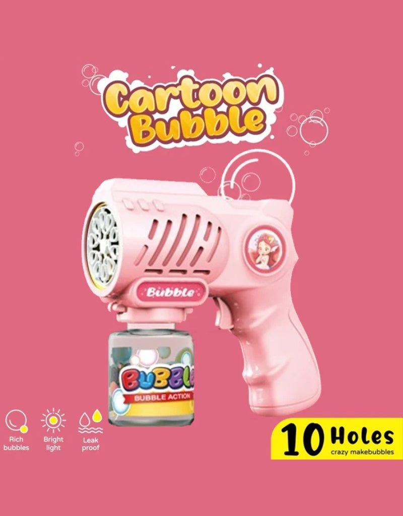 Cartoon-style pink bubble gun toy with 10-hole bubble outlet and leak-proof design