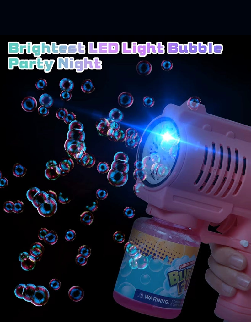 LED light bubble gun glowing at night creating colorful bubbles for party fun