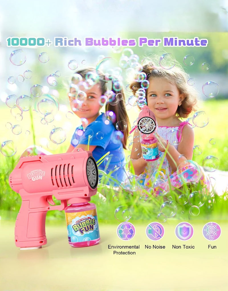 Kids playing outdoors with handheld bubble gun creating thousands of bubbles