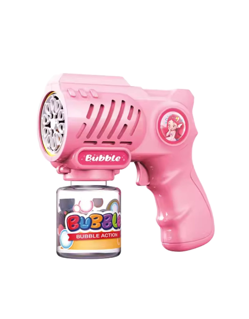 Pink handheld bubble machine gun for babies and toddlers with bubble solution