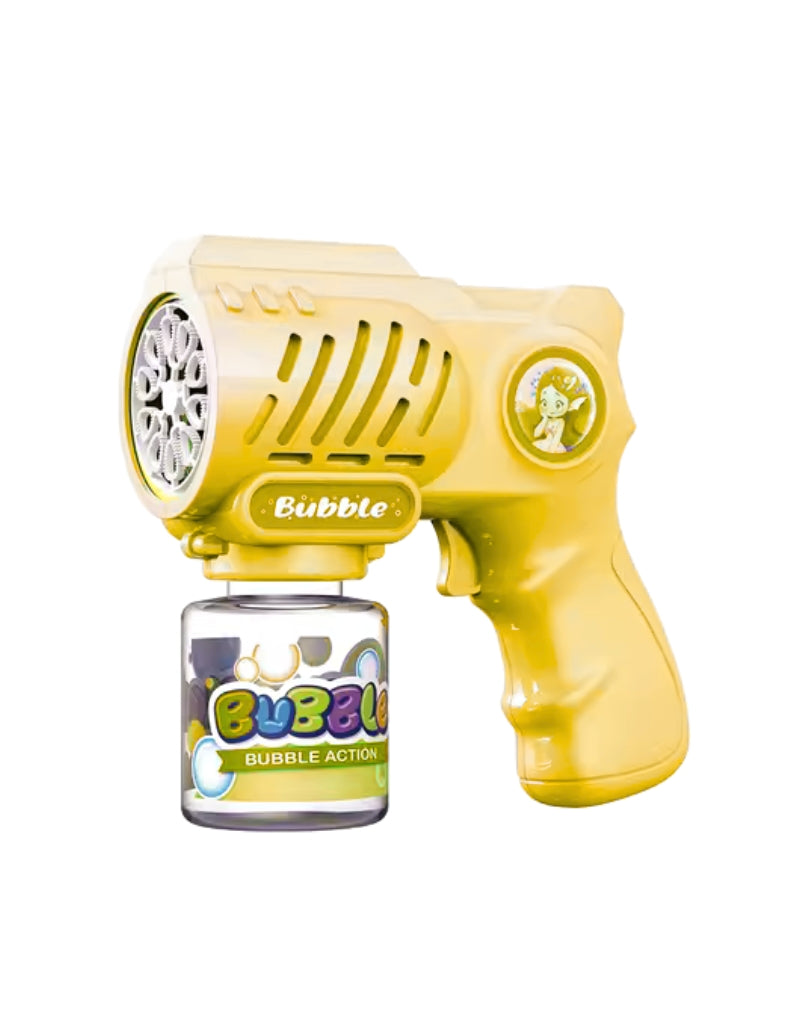 Yellow handheld bubble blower toy for toddlers with bubble action bottle