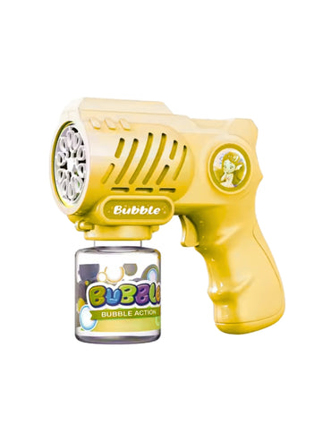 Yellow handheld bubble blower toy for toddlers with bubble action bottle