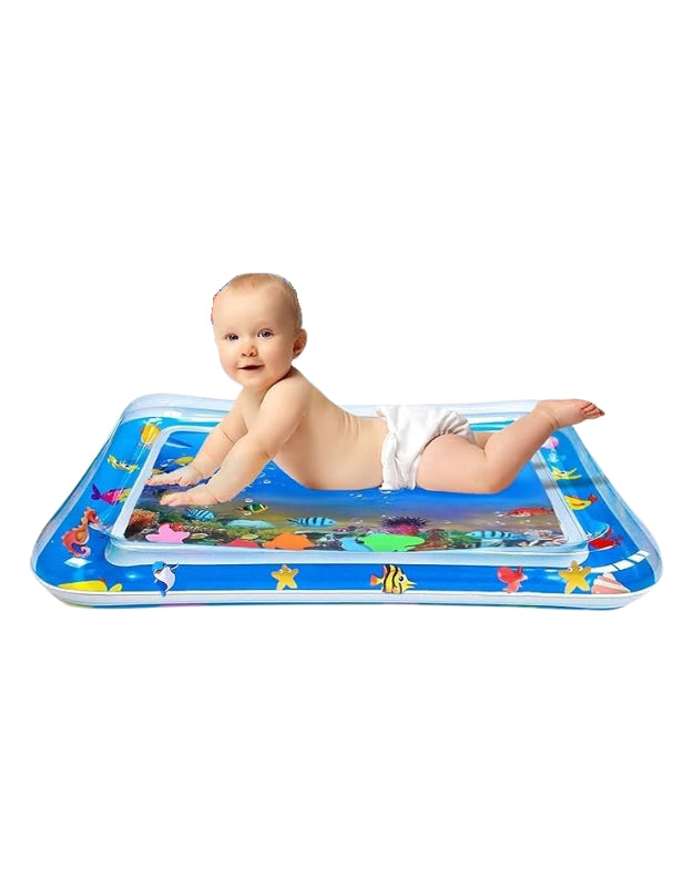 A product image of the inflatable baby water play mat with three inset circles showing close-ups of the floating sea creatures and toys inside