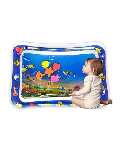 The inflatable water play mat shown with graphic text bubbles highlighting its developmental benefits, such as enhancing color recognition and stimulating sensory development