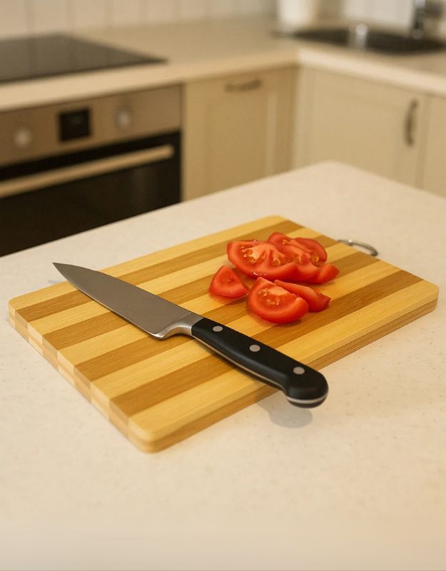 A bamboo chopping board with sliced tomatoes on it, placed on a kitchen counter. Bamboo chopping board with stainless steel knife and sliced tomatoes in a kitchen.