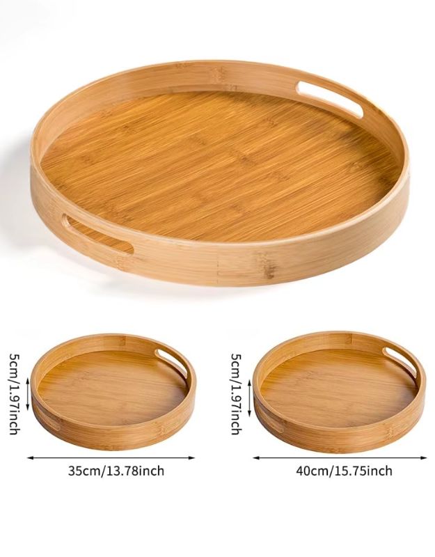 Bamboo tray with dimensions displayed. Round bamboo serving trays in two sizes with dimensions shown.