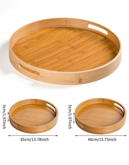 Bamboo tray with dimensions displayed. Round bamboo serving trays in two sizes with dimensions shown.