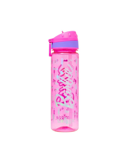 Pink Barbie-themed plastic drink bottle with bold Barbie logo and purple accent lid.