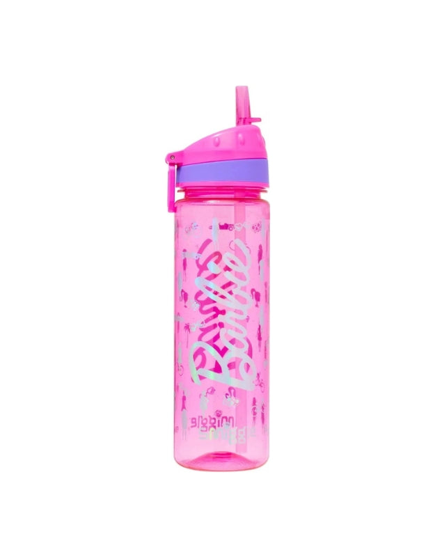 Pink Barbie drink bottle with flip-up straw and Barbie pattern across the bottle.