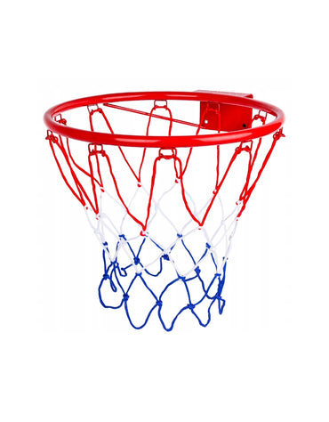 Red metal basketball hoop with blue and white net for indoor and outdoor use