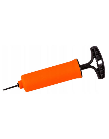 Orange hand pump for inflating basketball included in the set