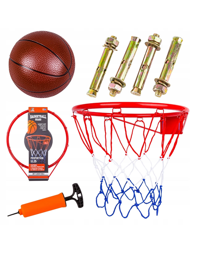 Complete basketball set with hoop, ball, net, bolts, and air pump included