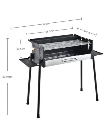 Dimensions of portable BBQ grill showing 103cm width, 44cm depth, and 83cm height.