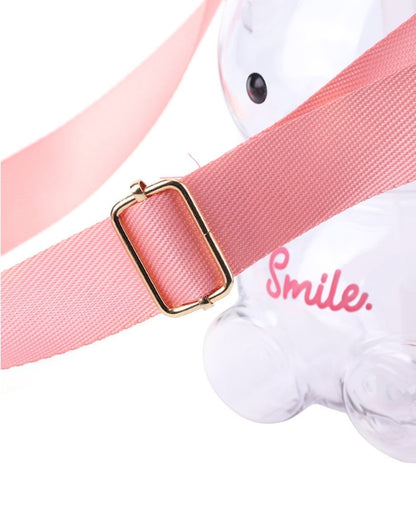 Close-up of adjustable pink strap attached to the bear-shaped water bottle.