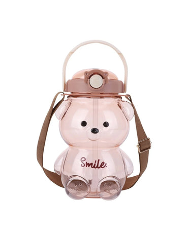 Light brown bear-shaped water bottle with brown strap and brown lid. The word "Smile" is written on the front in brown text.