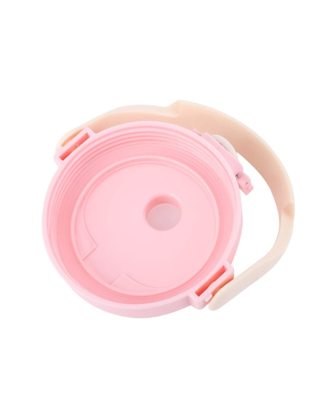 Inside view of the bear water bottle's pink lid with attached handle and straw slot.