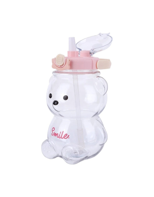 Side view of the bear water bottle showing the open lid and straw extended for drinking.