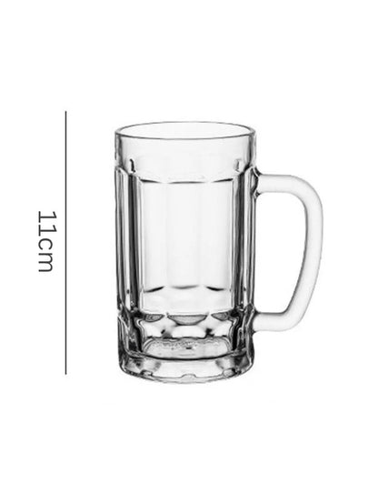 Clear glass mug with handle on a white background, showing dimensions.