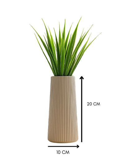 Beige striped vase with green artificial reeds against a white background, labeled with dimensions 20 CM height and 10 CM width.
